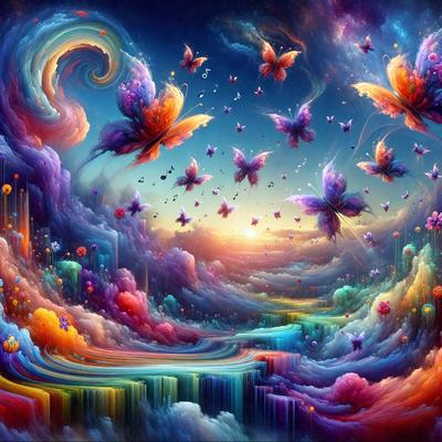 The primary subject of the image is a vibrant and colorful painting featuring a variety of butterflies flying in a cloudy sky. The setting is a dreamy, whimsical, and imaginative environment, with the butterflies soaring through the air and creating a sense of freedom and joy. The visual style is a digital art or illustration, with the artist skillfully capturing the beauty and movement of the butterflies. The colors and mood of the painting are predominantly warm and lively, with the use of bright hues and a sense of wonder and playfulness.